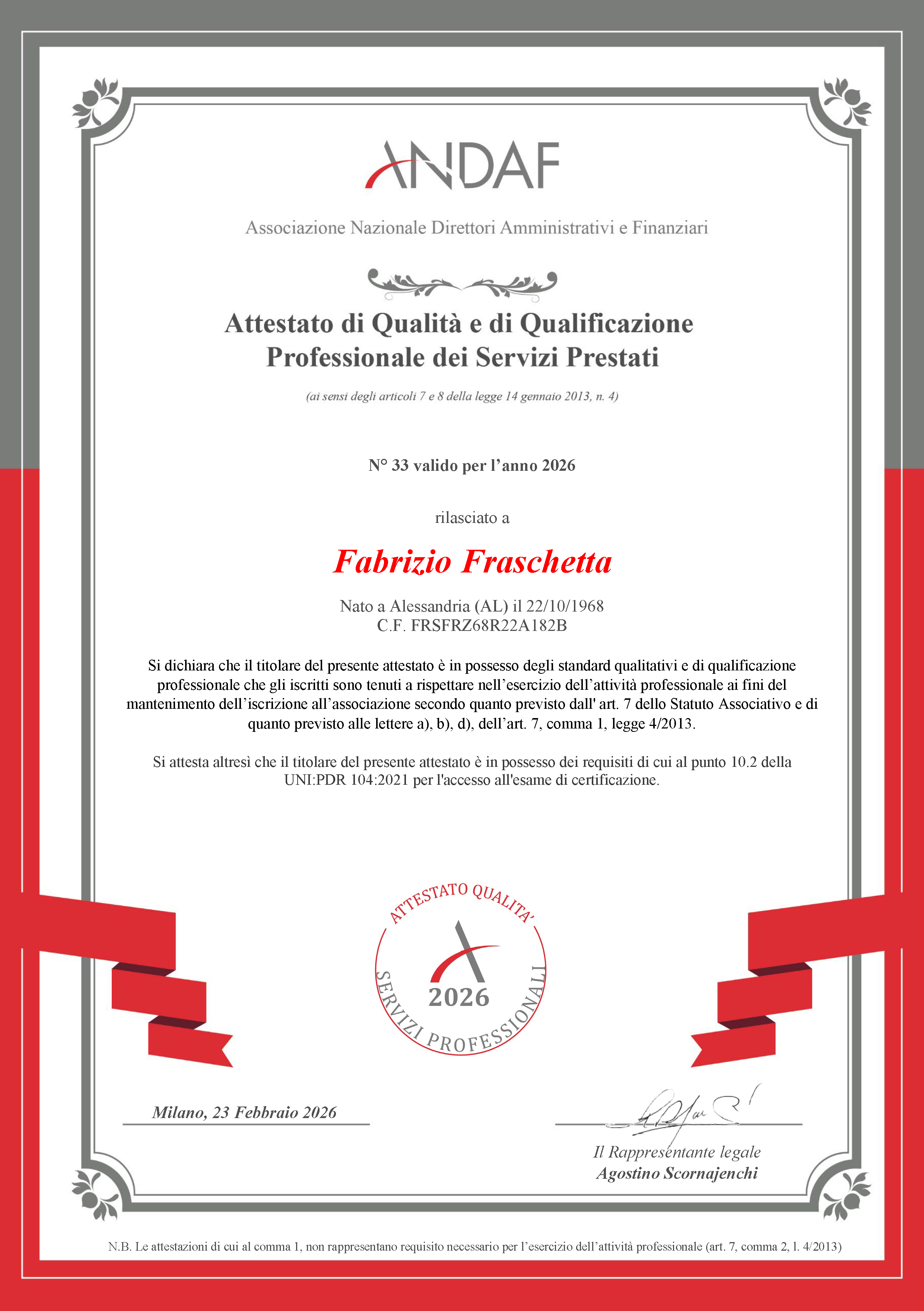 Attestato di Qualità e di Qualificazione Professionale dei Servizi Prestati